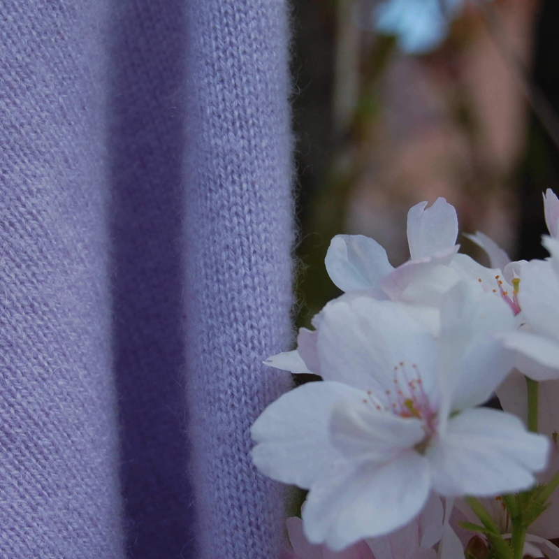 Vollbild Detailaufnahme einer fliederfarbenen Cashmere-Jacke mit Kirschblüte