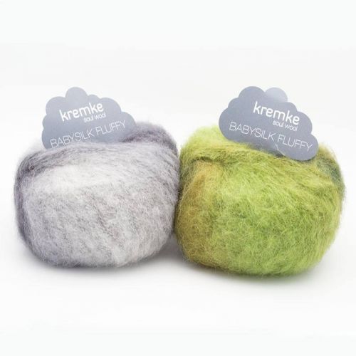 Baby Silk Fluffy - ein Kuschelgarn aus Seide und Babyalpaka, hier in Silbergrau und grün