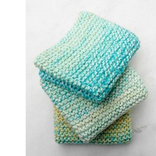 3 Spültücher in türkis-gelb, handgestrickt aus Farbverlaufsgarn Crazy-Cotton