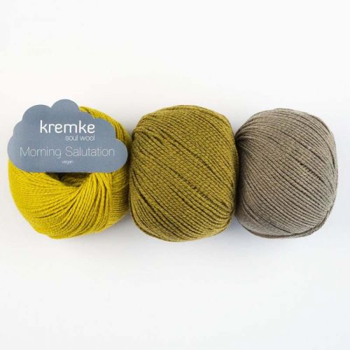 3 Knäuel Morning Salutation Vegan in messing, khaki und Zitronengelb