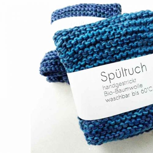 2 Spültücher in Blau-Melange handgestrickt mit Banderole