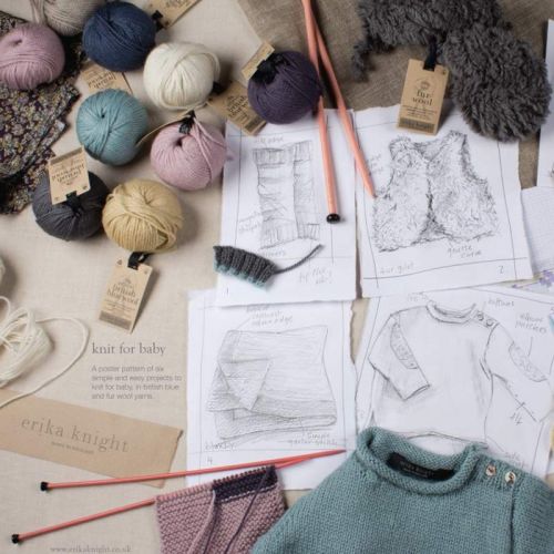 Arbeitsplatte mit Entwürfen, Wolle und fertig Gestricktem in britisch matten Farben.