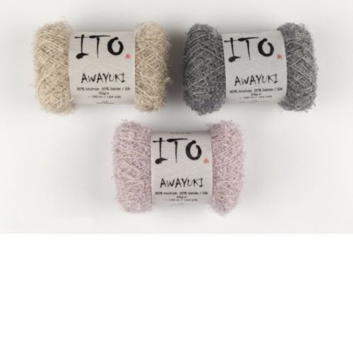 3 Knäuel Awayuki in beige, grau und rosa. Bouclegarn aus Mohair und Seide