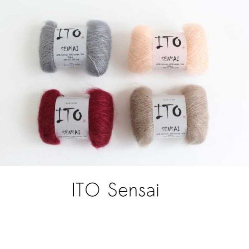 4 Knäuel Mohairgarn Sensai von Ito in den Farben grau, rot, beige und apricot