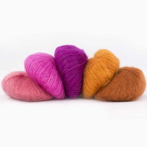 5 Knäuel Mohair-Seiden-Garn in lila-braun-pink von Kremke Soul Wool
