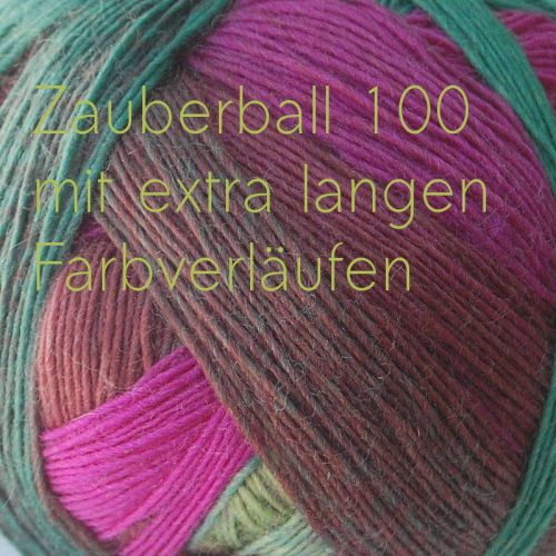 Detailaufnahme eines Knäuels Zauberball 100 mit Farbverlauf von Magenta zu Grün.